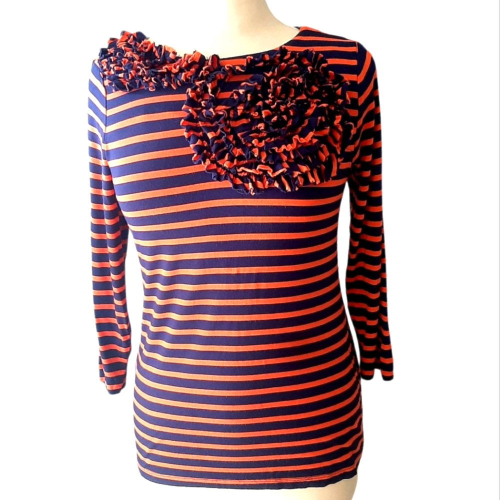 DESIGN HISTORY Navy/Orange Striped Jersey Knit 3/4 Sleeve Applique Top Sz L
